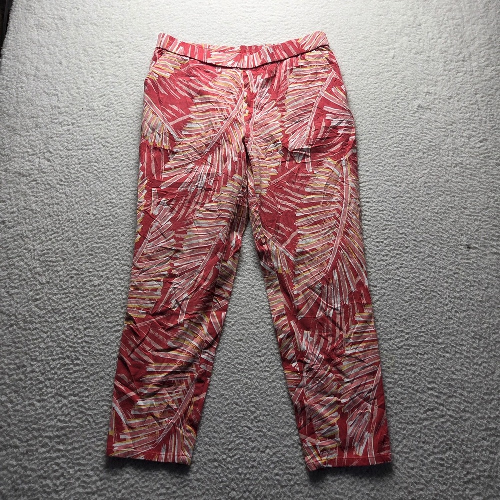 Lemon Way Pants Womens 14 Red Twill Ankle Pull On Floral Stretch Pockets Casual